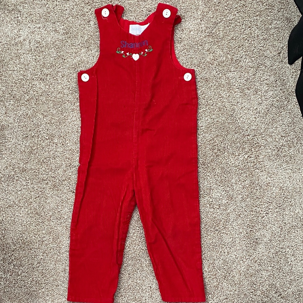 Kids Red Kids Overalls Monogrammed with the Name Shannon.